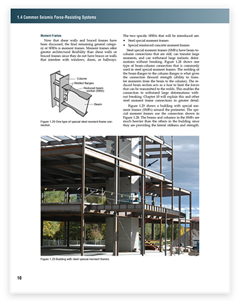 Example page from Seismic Principles showing a steel moment frame and a 3d schematic of the connection detail. 