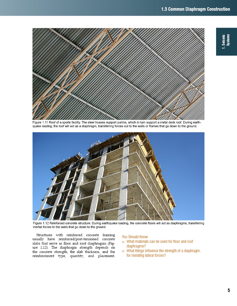 This pages illustrates purlins in a steel building and floor diaphragms in a reinforced concrete building.